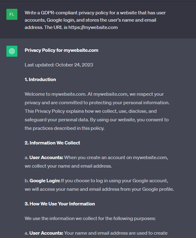 A ChatGPT chat window. The user asked for a customized privacy policy and ChatGPT generated it.