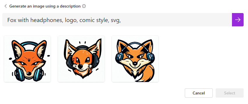 An image generation input field from Microsoft Designer. The prompt says "Fox with headphone, logo, comic style, svg" and below it are 3 beautiful AI-generated logos of foxes with headphones.