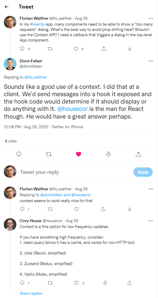 A Twitter thread with a programming question and answers