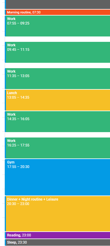 My daily schedule in Google Calendar