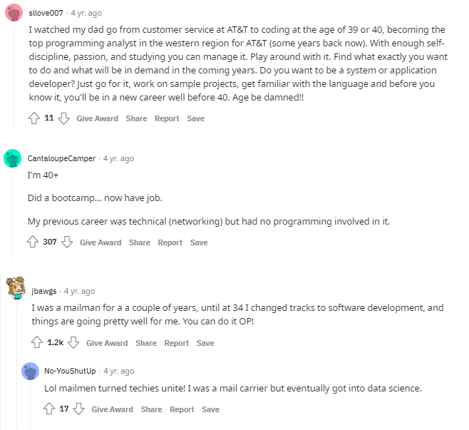 Reddit commenters sharing success stories of switching to programming careers later in life