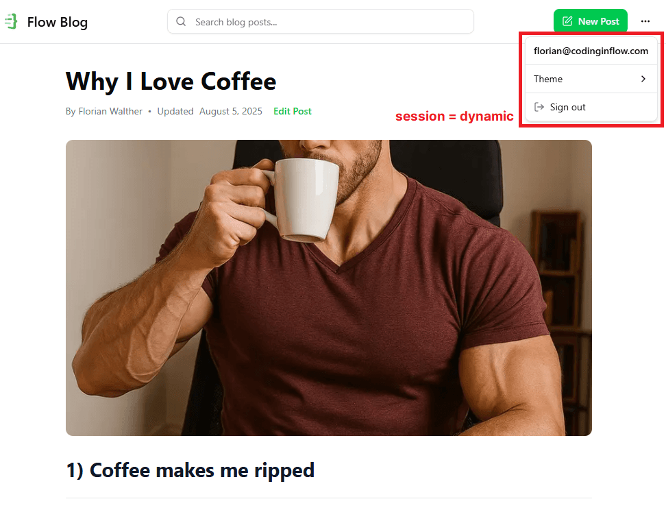 A blog post page with a dropdown menu in the navbar that shows the current user session (email + signout button)
