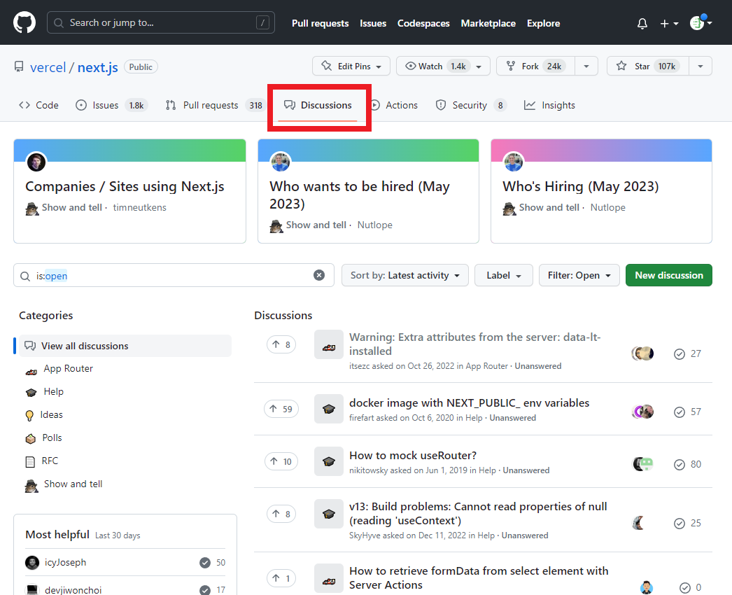 A screenshot of the Next.js GitHub Discussions board