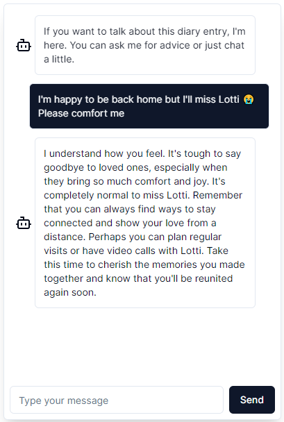 An AI chatbot window asking the AI for comfort for missing our family dog Lotti