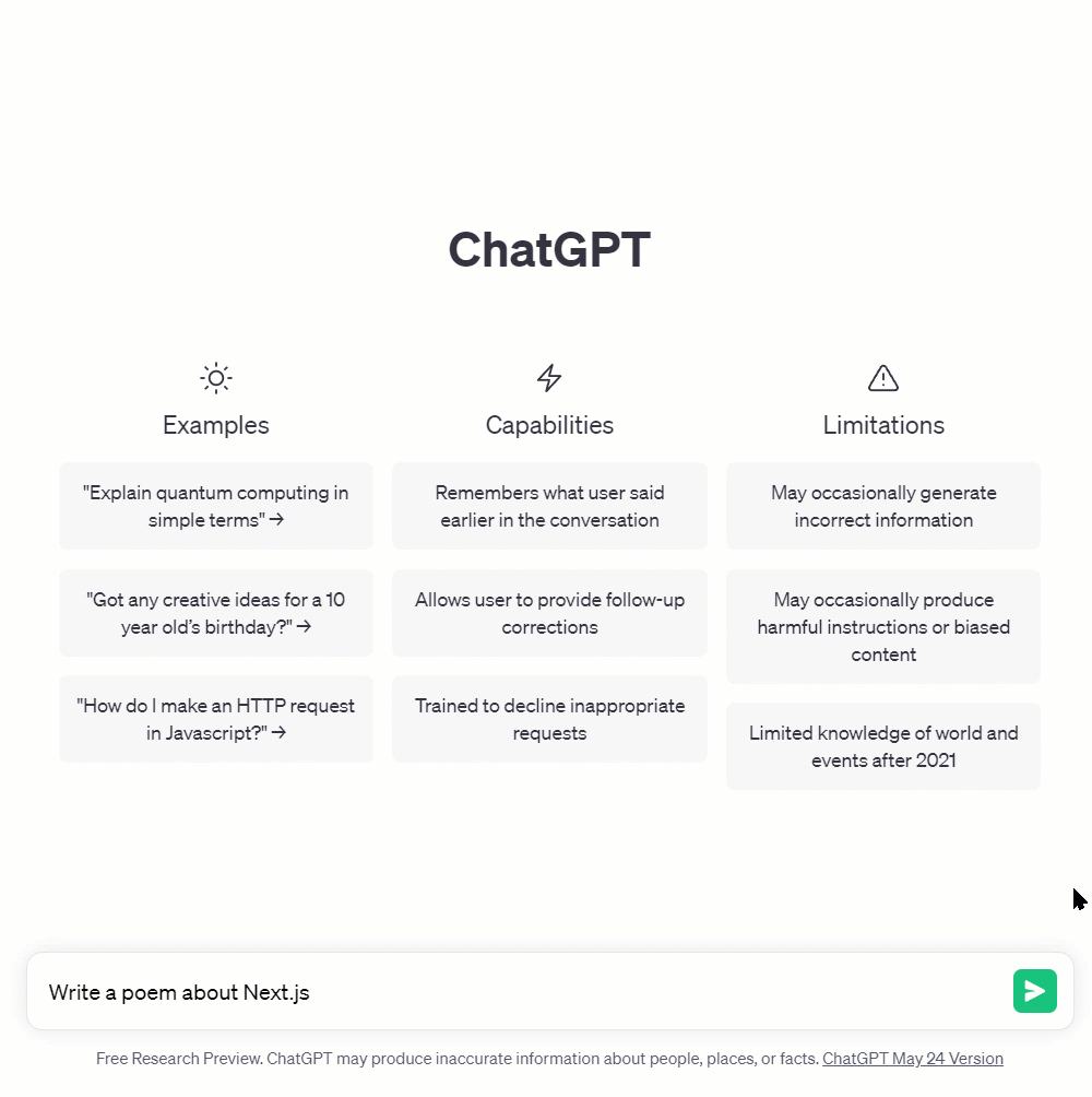 The ChatGPT web interface streaming a poem about Next.js