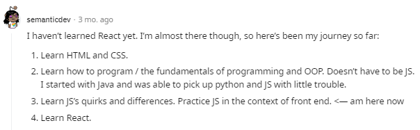 A Reddit post where a user suggest to learn HTML, CSS, and JavaScript deeply before learning React