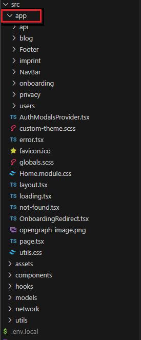 A Next.js project folder tree showing the app directory with many folders and files inside it, including a layout.tsx file.