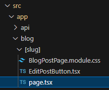 A Next.js project folder tree showing a page.tsx inside app/blog/[slug]/
